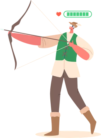 Fantasy Archer Wearing Virtual Reality Glasses And Costume Of Robin Hood Shooting With Bow Male Character Playing In Massive Multiplayer Online Role Playing Game Cartoon Vector Illustration Illustration