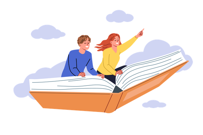 Fantasy literature allows man and woman to imagine traveling and flying through sky on giant book  Illustration