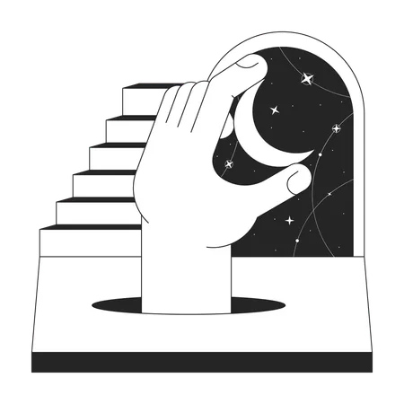 Fantasy Surreal Night Bw Concept Vector Spot Illustration Staircase Crescent 2 D Cartoon Flat Line Monochromatic Scene For Web UI Design Holding Moon Esoteric Editable Isolated Outline Hero Image Illustration