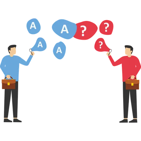 FAQ Frequently Asked Questions Smart Businessman And Businesswoman Blow Flying Bubbles With Q And A Question Mark Sign Illustration