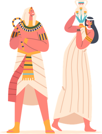 Faraón de los antiguos egipcios y mujer con jarra están juntos  Ilustración