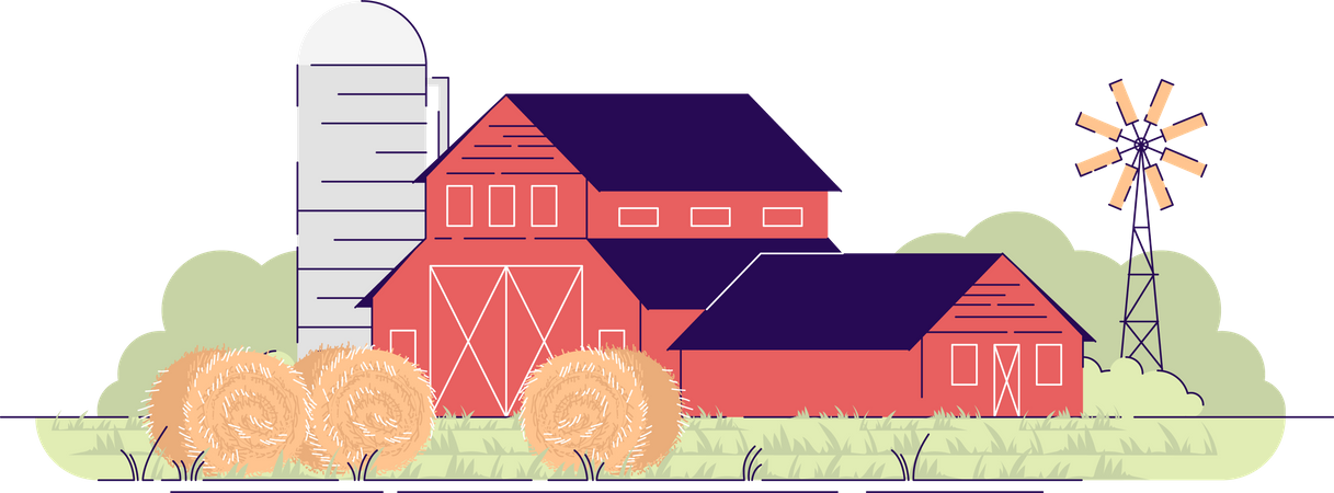 Farm barns with hay bales  Illustration