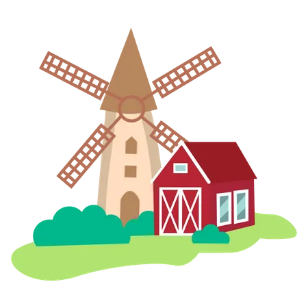 Farm building with wind mill Illustration