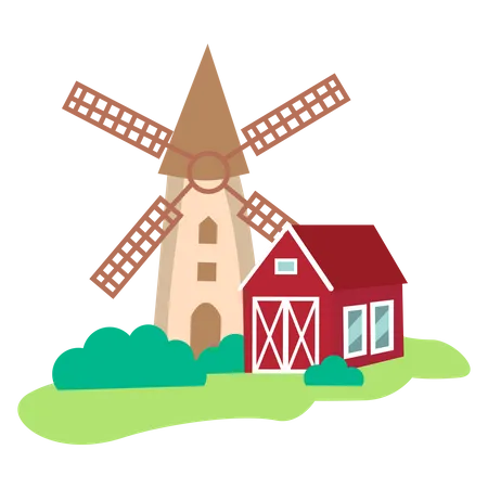 Farm building with wind mill  Illustration