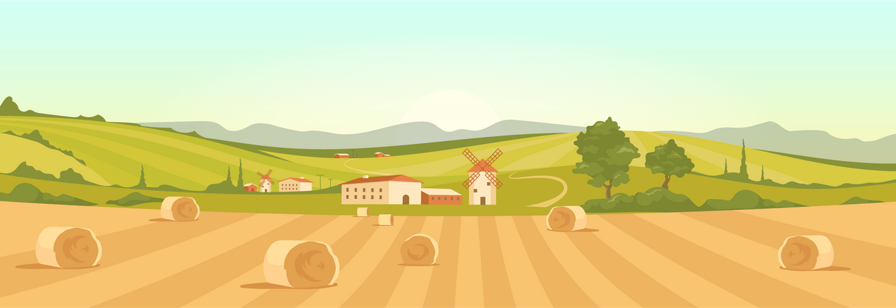 Farm In Countryside  Illustration