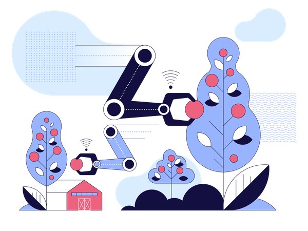 Farm robots using special programs for growing vegetables and harvesting with wireless control  Illustration