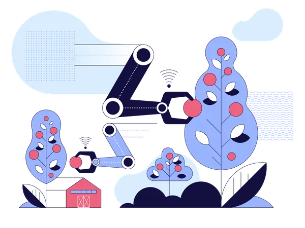 Farm robots using special programs for growing vegetables and harvesting with wireless control  Illustration