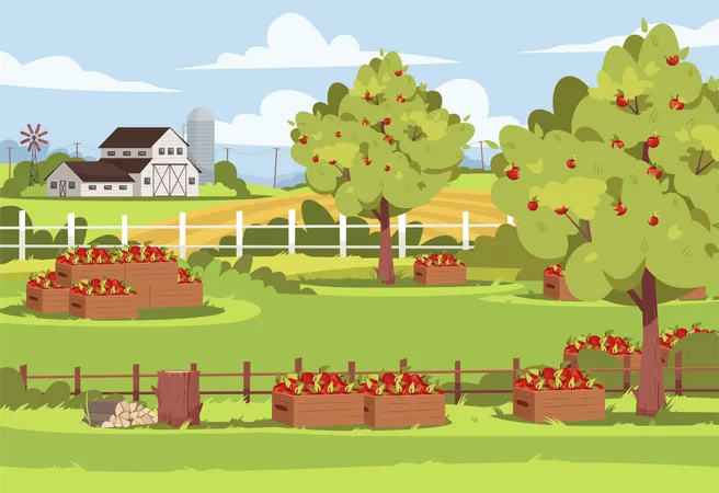 Farm With Fruit Trees Fresh Apple Harvest Garden Outside Ranch Summer Greenery イラスト