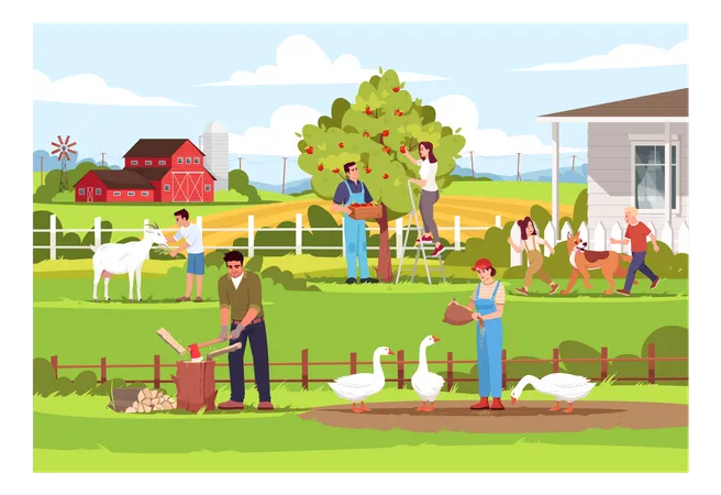 Farm Work Semi Flat Vector Illustration Man Cut Wood Woman Feed Geese People Collect Apple Crop Children Play On Ranch Rural Lifestyle Activity Farmers 2 D Cartoon Characters For Commercial Use Illustration