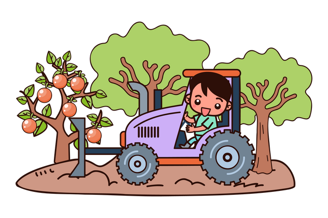 Farm worker driving tractor in farm Illustration