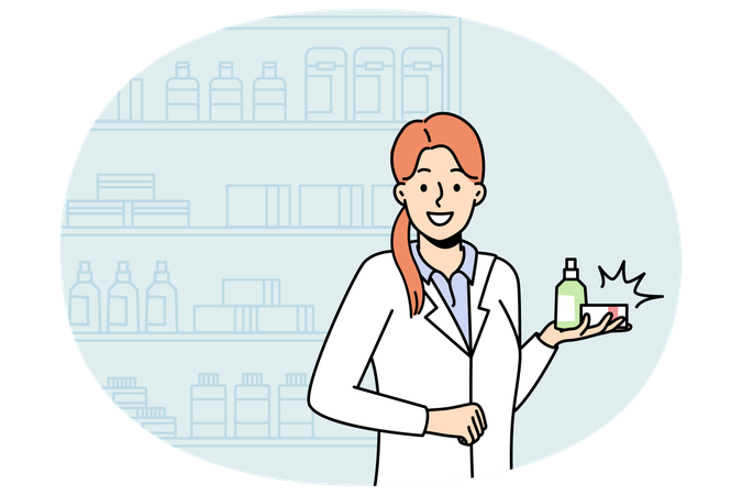 Farmacéutica con medicación en farmacia  Ilustración