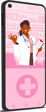 Farmacêutica feminina exibe símbolo ok na tela do telefone  Ilustração