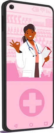 Farmaceutica Feminina Exibe Simbolo Ok Na Tela Do Telefone Significando A Aprovacao De Uma Farmacia On Line Acesso Conveniente E Confiavel A Medicamentos E Servicos De Saude Ilustra O Vetorial De Desenho Animado Ilustração