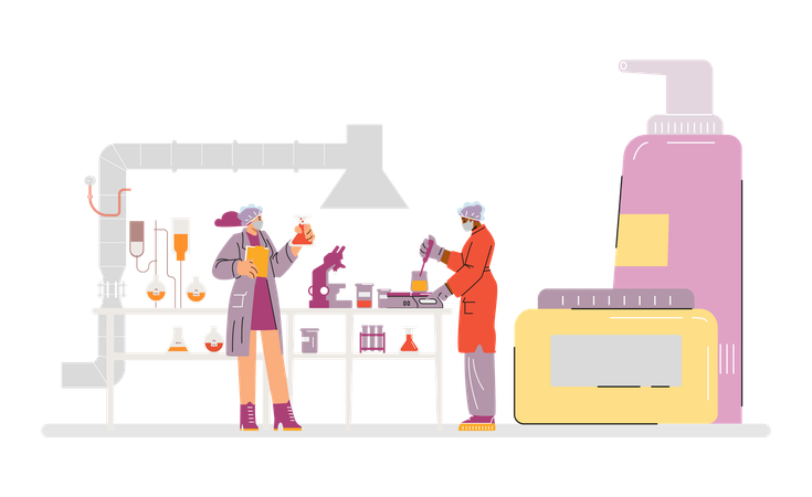 Farmacêutico criando processo de produtos de cuidados cosméticos  Ilustração