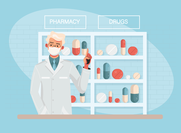 Farmacéutico de pie con drogas  Ilustración