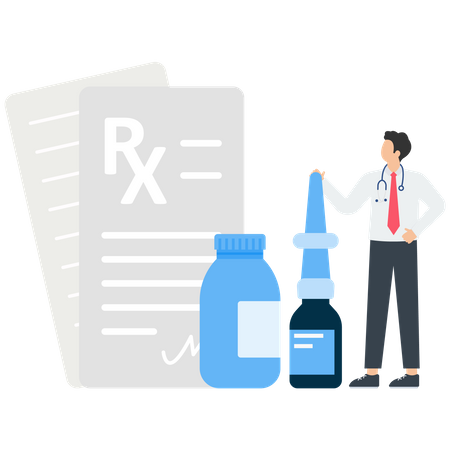 Farmacéutico mostrando medicamentos en farmacia  Ilustración