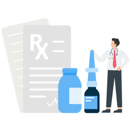 Farmacéutico mostrando medicamentos en farmacia  Ilustración