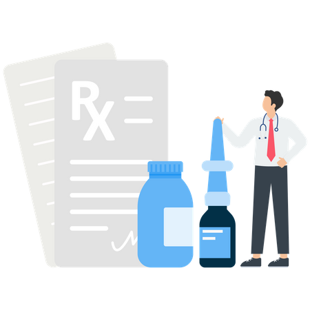 Farmacêutico mostrando medicamentos na farmácia  Ilustração