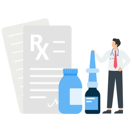 Farmacêutico mostrando medicamentos na farmácia  Ilustração