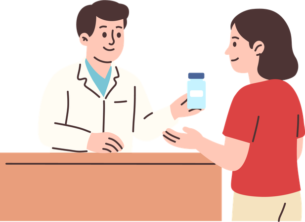 Farmacéutico dando medicamentos con receta  Ilustración