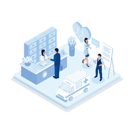 Farmacéutico y centro hospitalario. Ilustración