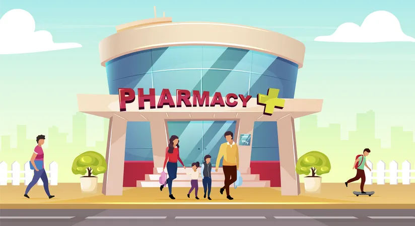 Familia visitando la farmacia  Ilustración