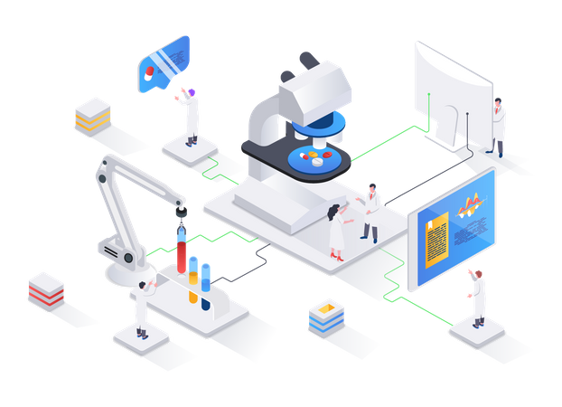 Desarrollo de farmacias, industria biotecnológica, pruebas y diagnóstico de pacientes.  Ilustración