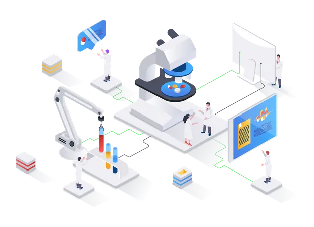 Desarrollo de farmacias, industria biotecnológica, pruebas y diagnóstico de pacientes.  Ilustración