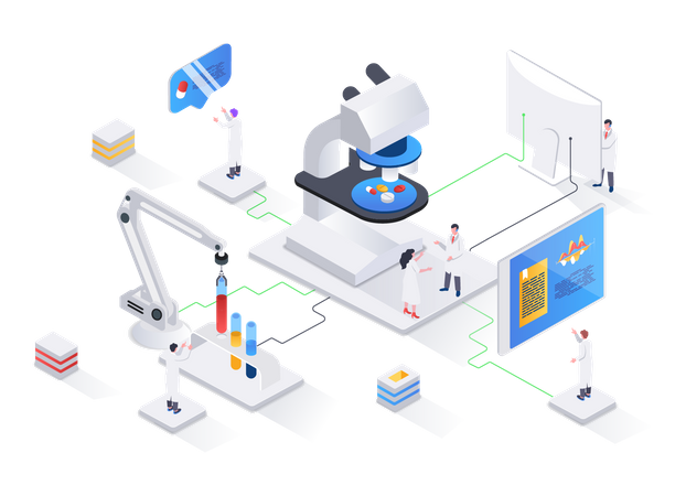 Desenvolvimento farmacêutico, indústria de biotecnologia, testes e diagnóstico de pacientes  Ilustração