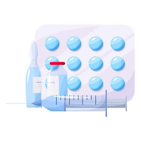 Medicamento de farmácia em frasco e caixa  Ilustração