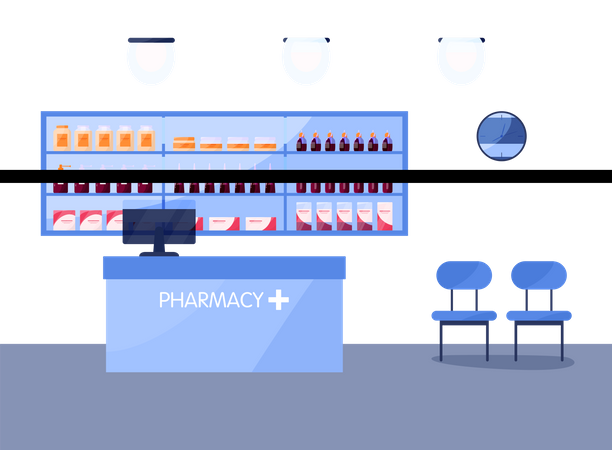 Balcão de faturamento de farmácia  Ilustração