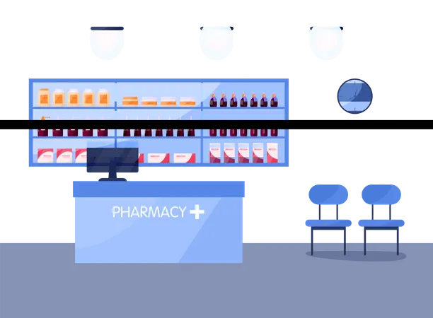 Balcão de faturamento de farmácia  Ilustração