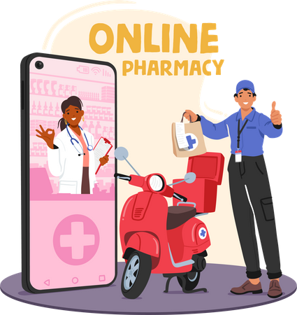 Farmácia on-line conveniente que oferece uma ampla gama de medicamentos e produtos de saúde  Ilustração