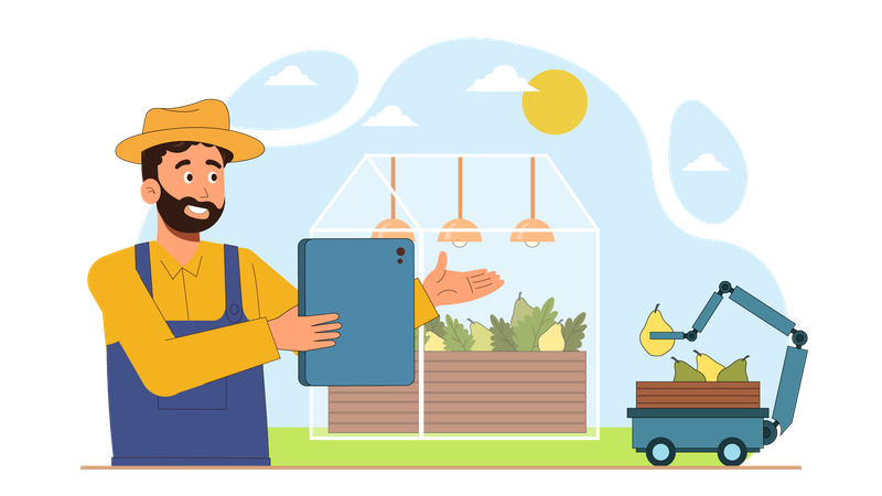 Farmer adopts new farming techniques in his farmland  Illustration