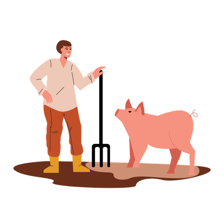 Farmer And Pig Illustration