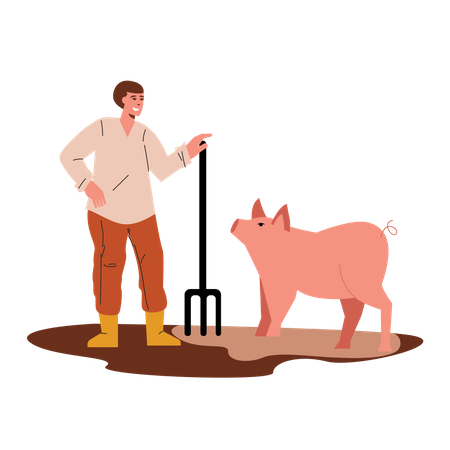 Farmer And Pig  Illustration