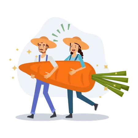 Agriculture Concept 2 Of Farmer Are Holding A Big Carrot Happy Farmer After Harvest Because Got A Lot Of Profit Flat Vector 2 D Cartoon Character Illustration Illustration