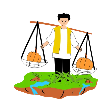 Farmer balancing freshly harvested produce in baskets  Illustration