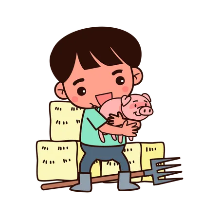 Farmer boy holding piglet Illustration