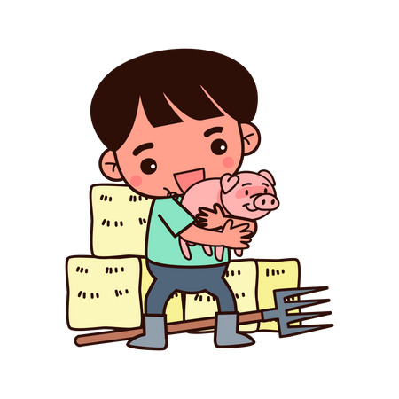 Farmer boy holding piglet  Illustration