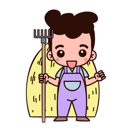 Farmer boy standing in farm with pitchfork  Illustration