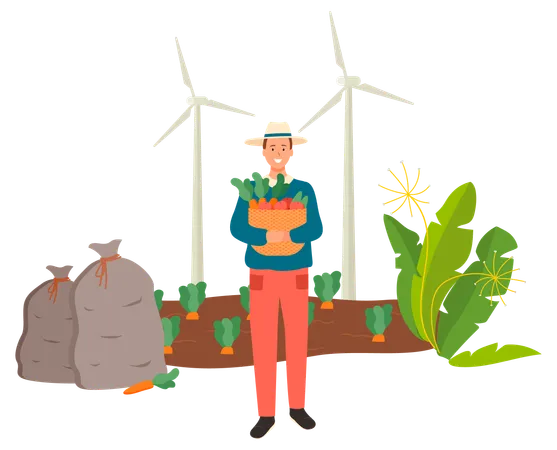Harvesting Season Vector Carrots Plantation Flat Style Farmer Wearing Hat Protecting From Sun Wind Turbines Renewable Energy Of Nature Harvest Man イラスト