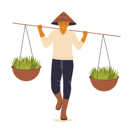 Farmer Carrying Rice Baskets  Illustration