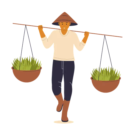 Farmer Carrying Rice Baskets  Illustration