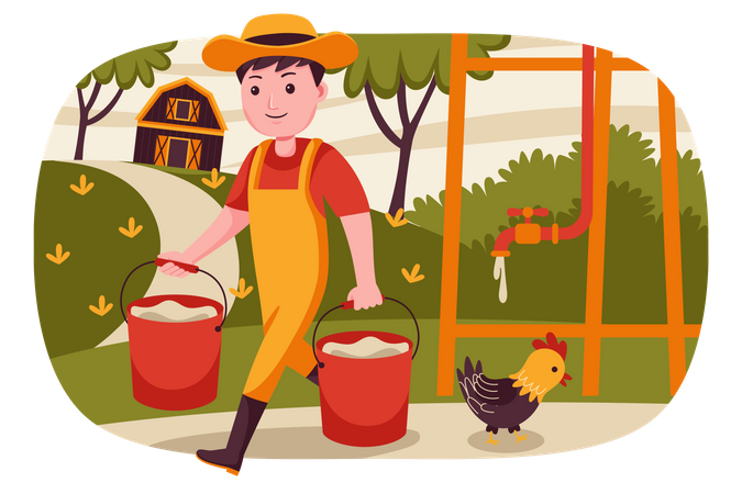 Farmer carrying water buckets  Illustration