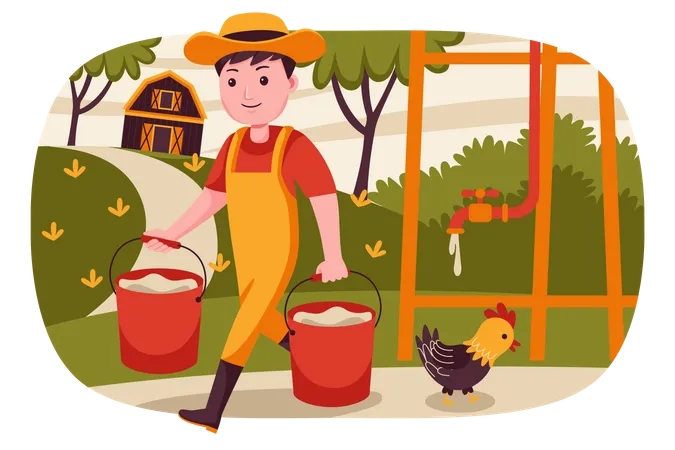 Farmer carrying water buckets  Illustration