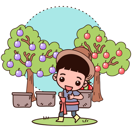 Farmer collecting fruit in basket  Illustration