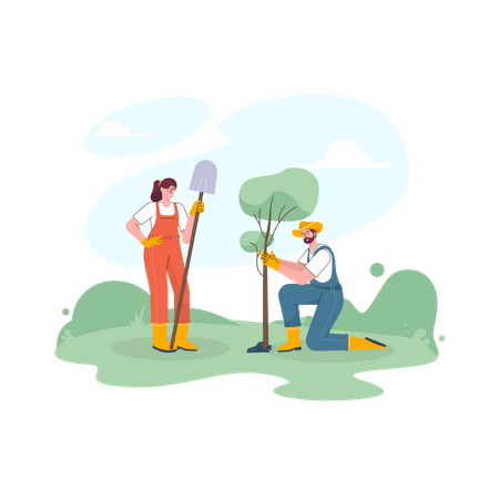 Farmer couple planting a tree in the fields Illustration
