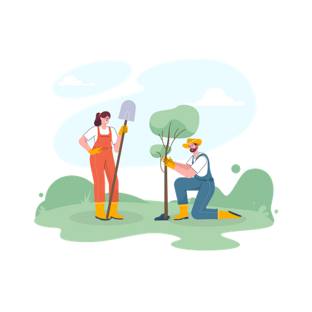 Farmer couple planting a tree in the fields  Illustration