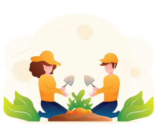 Farmer couple planting carrot  Illustration